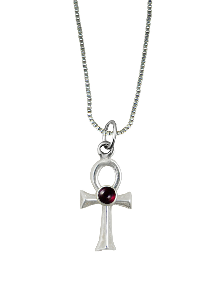 Sterling Silver Sacred Egyptian Ankh Pendant With Garnet